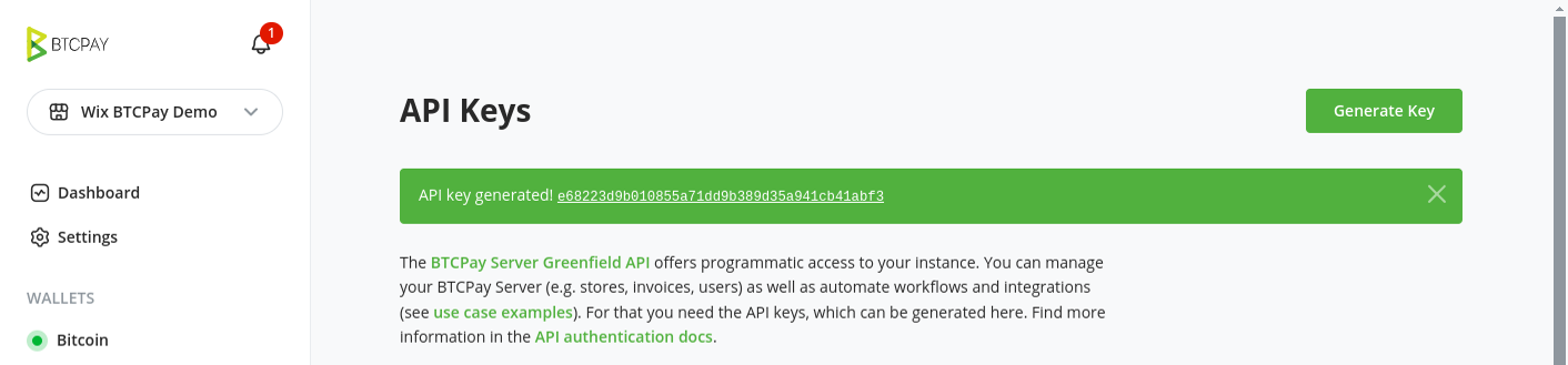 Copy generated API key Copy generated API key