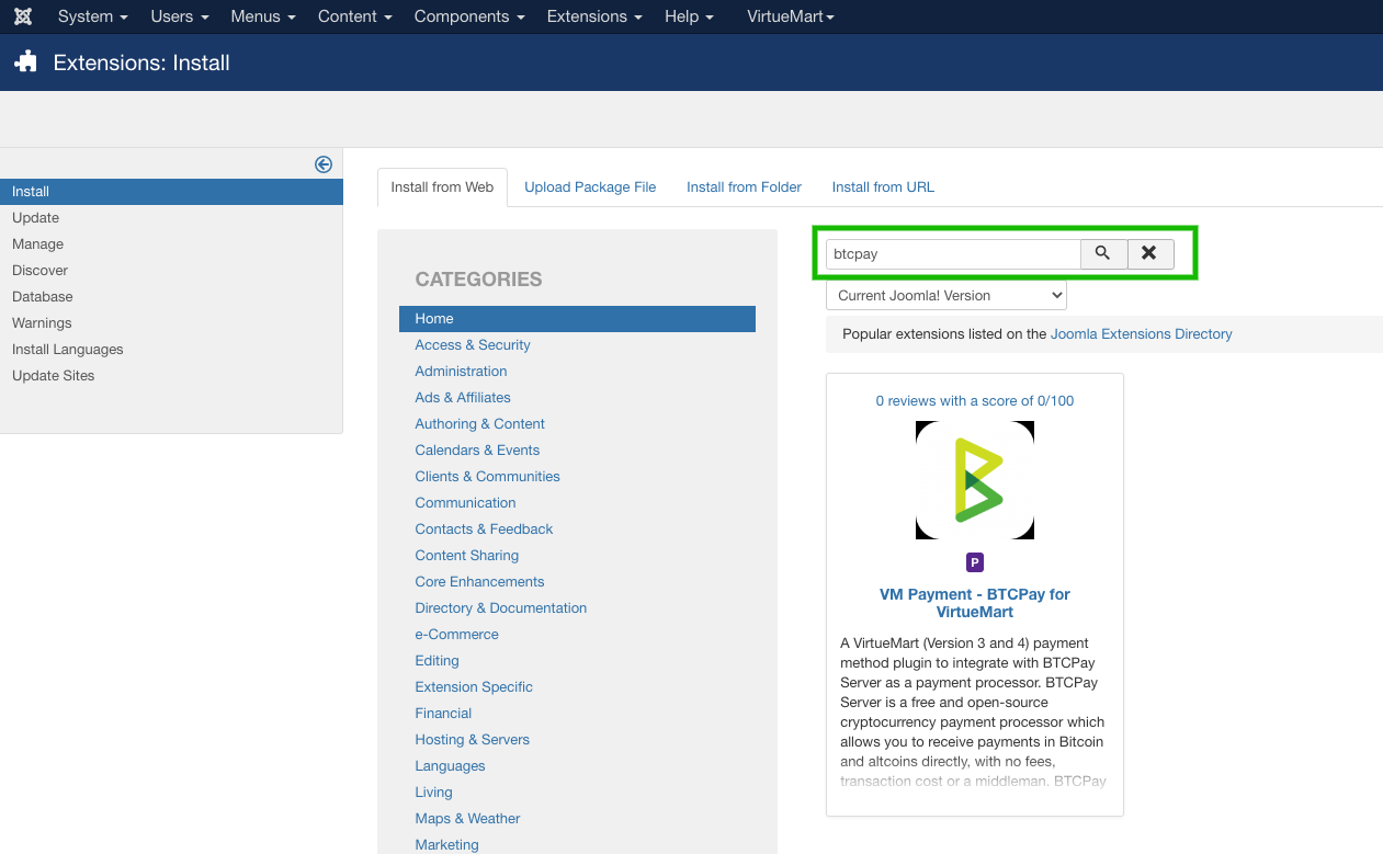 BTCPay Virtuemart: Plugin installation web BTCPay Virtuemart: Plugin installation web