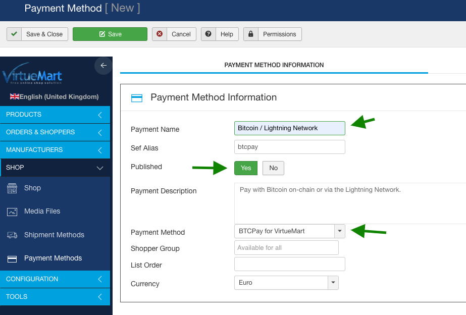 BTCPay Virtuemart: Payment method details BTCPay Virtuemart: Payment method details