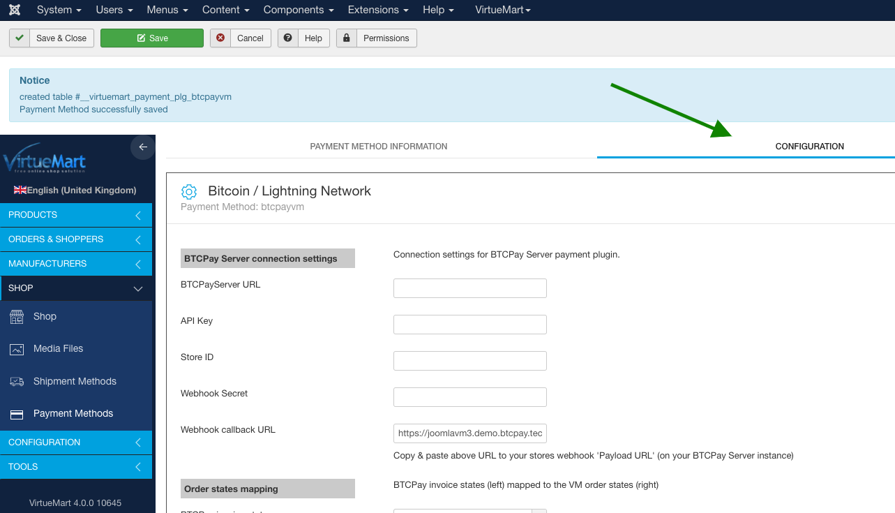 BTCPay Virtuemart: Payment method configuration tab BTCPay Virtuemart: Payment method configuration tab