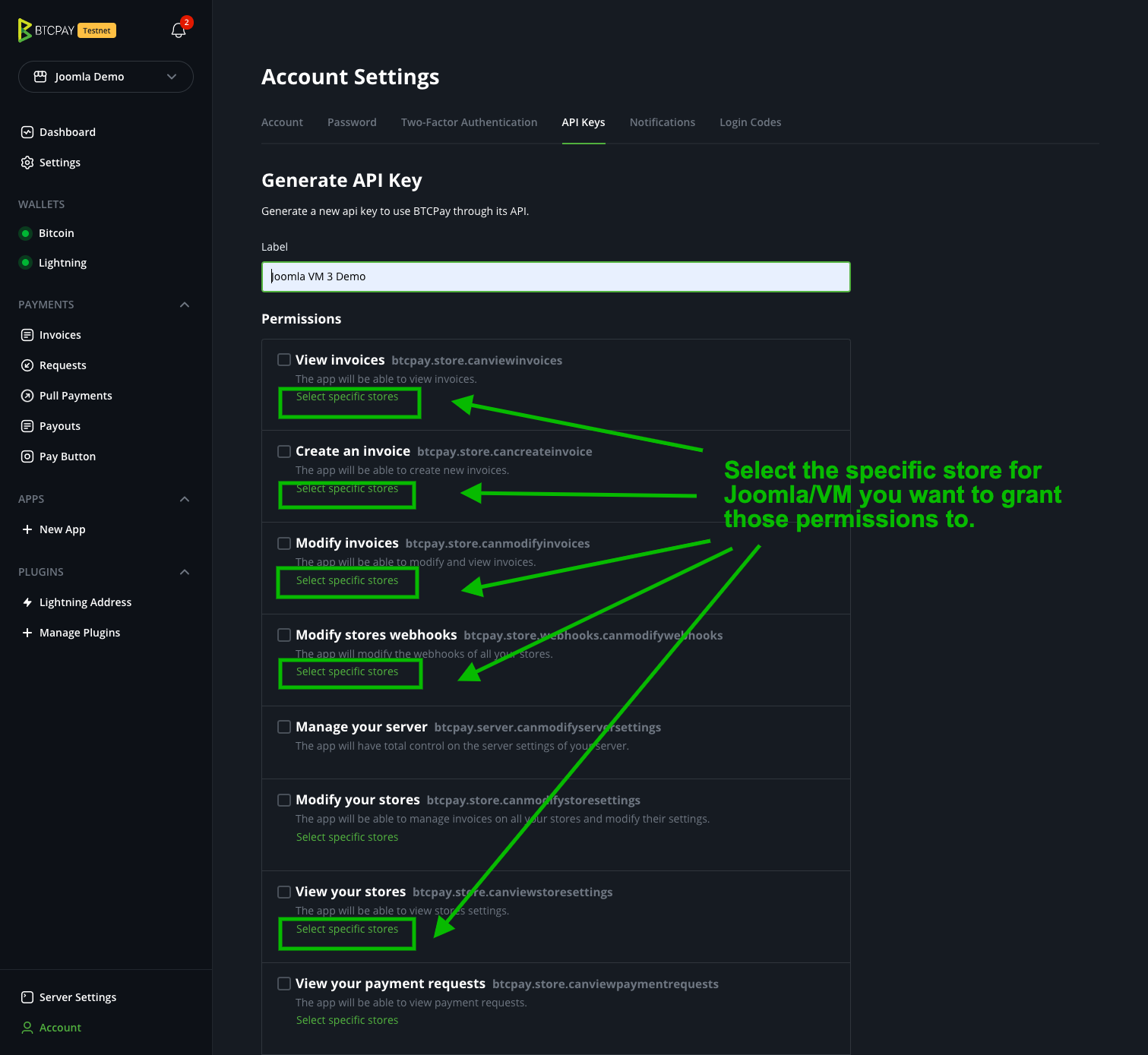 BTCPay Joomla VirtueMart: API Keys Permissions BTCPay Joomla VirtueMart: API Keys Permissions