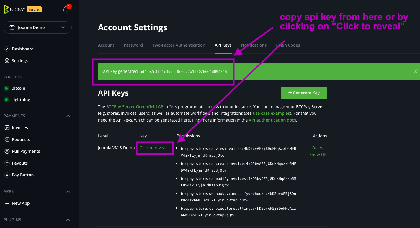BTCPay Joomla VirtueMart: Copy API Key BTCPay Joomla VirtueMart: Copy API Key