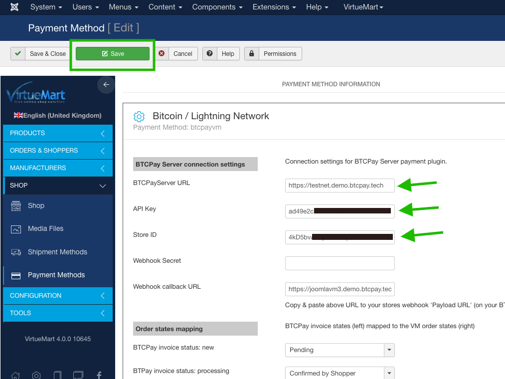 BTCPay Joomla VirtueMart: Save VirtueMart Settings form BTCPay Joomla VirtueMart: Save VirtueMart Settings form