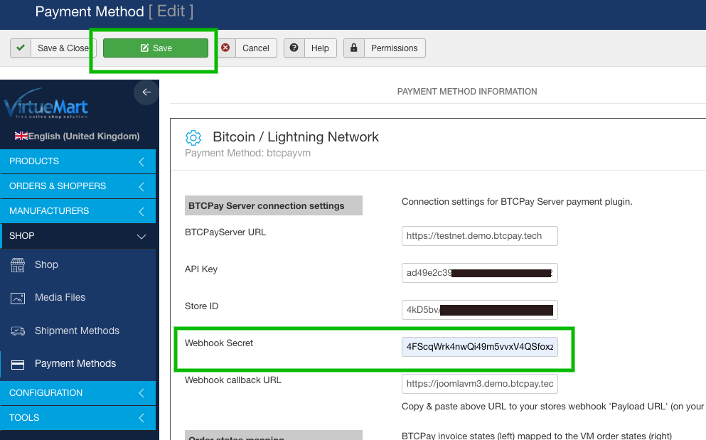 BTCPay Joomla VirtueMart: Webhook VM save configuration BTCPay Joomla VirtueMart: Webhook VM save configuration