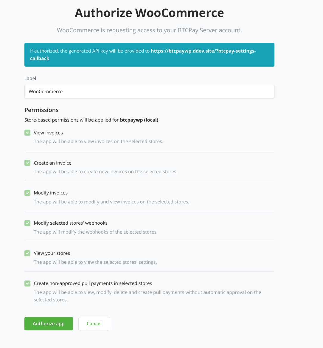 BTCPay WordPress V2: Click on authorize app BTCPay WordPress V2: Click on authorize app