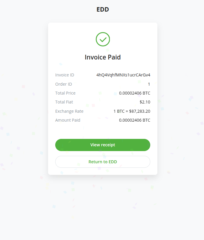 Bitcoin for EDD: Test purchase invoice paid Bitcoin for EDD: Test purchase invoice paid