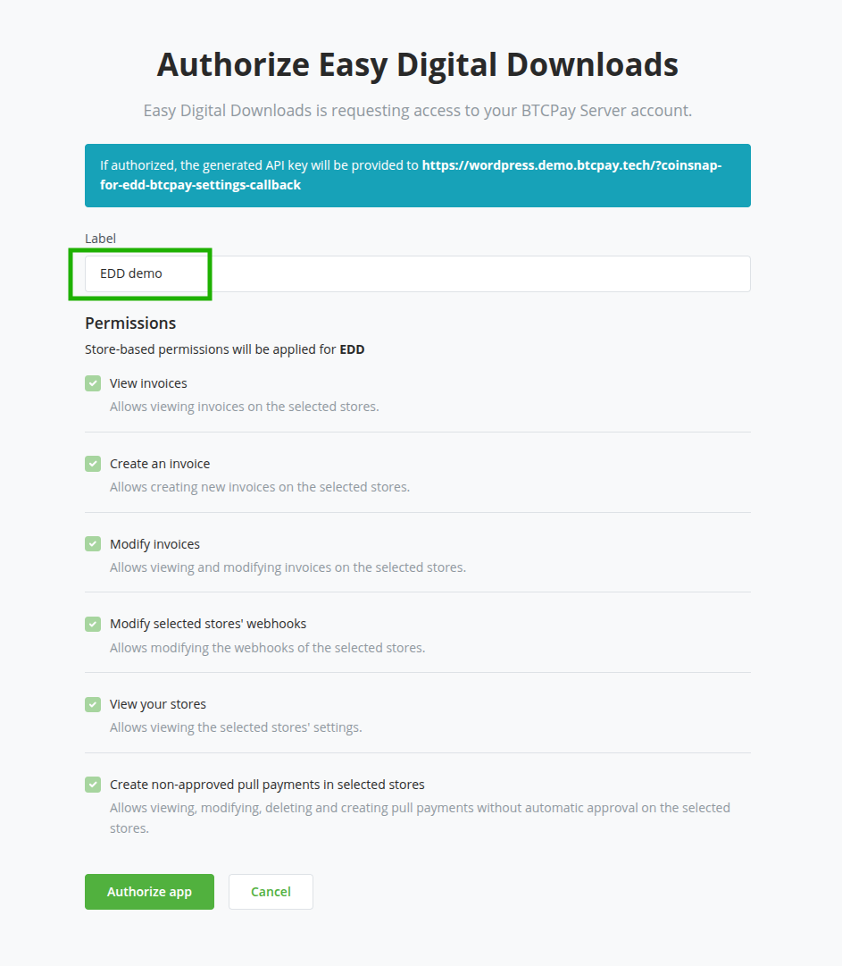 Bitcoin for EDD: Authorize plugin access Bitcoin for EDD: Authorize plugin access