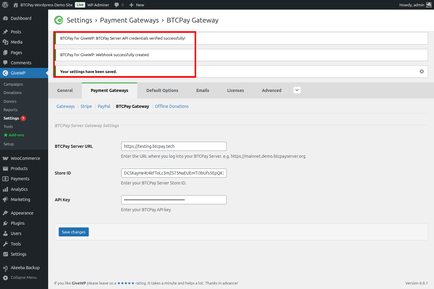 BTCPay for GiveWP: Save BTCPay Settings form saved BTCPay for GiveWP: Save BTCPay Settings form saved