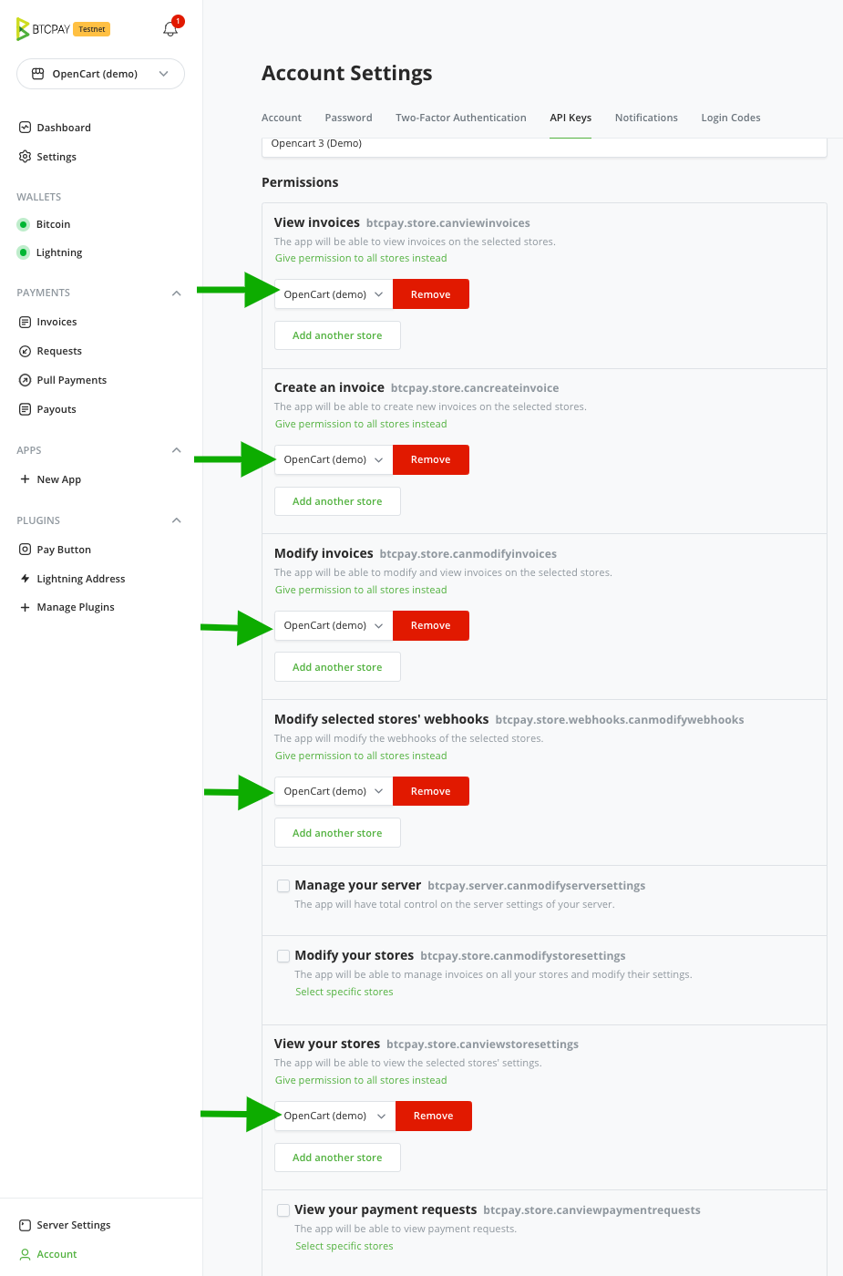 BTCPay OpenCart: API Keys Permissions BTCPay OpenCart: API Keys Permissions