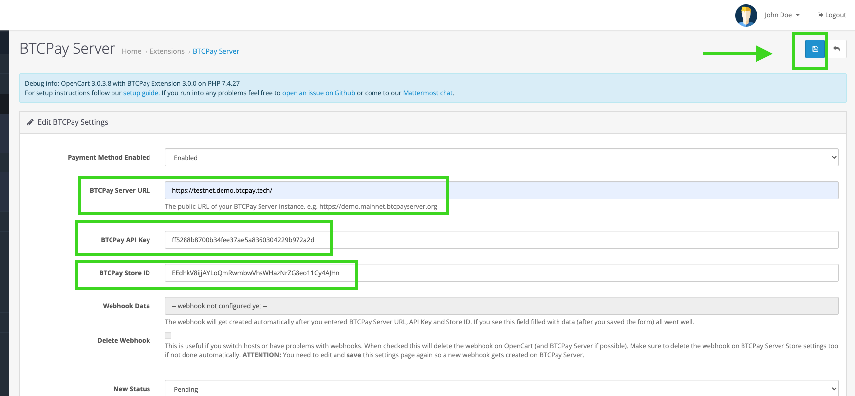 BTCPay OpenCart: Save OpenCart Settings form BTCPay OpenCart: Save OpenCart Settings form