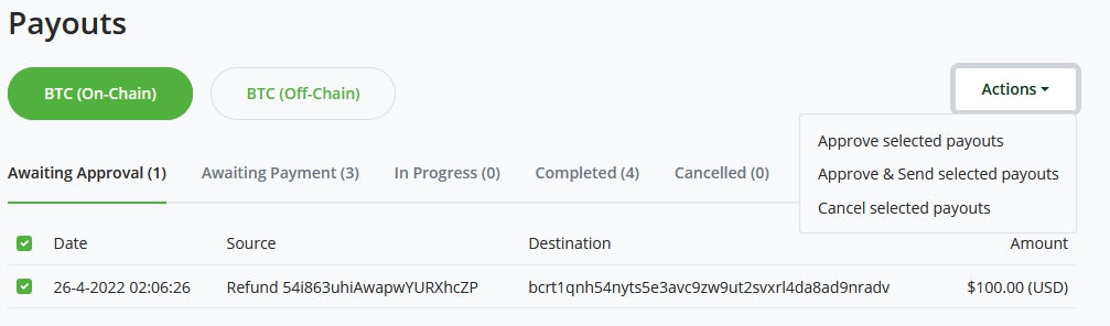 BTCPay Server Payouts tab BTCPay Server Payouts tab