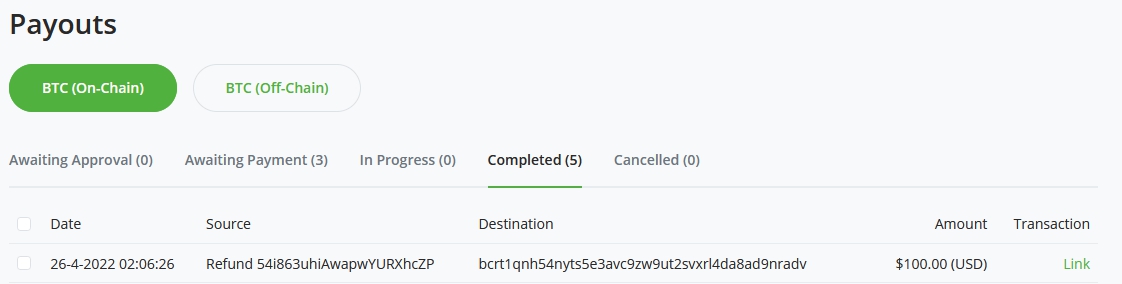 BTCPay Server Payouts tab BTCPay Server Payouts tab
