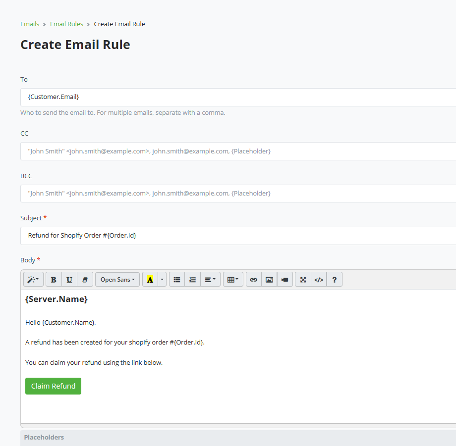 Shopify Plugin - Email Rule settings Shopify Plugin - Email Rule settings